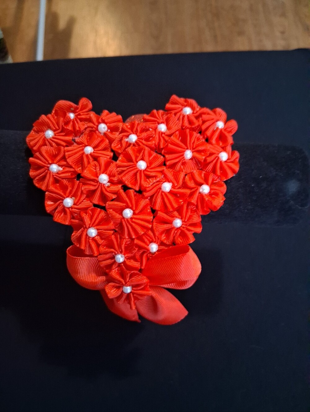 Red Floral Heart Hair Clip with Pearl Accents